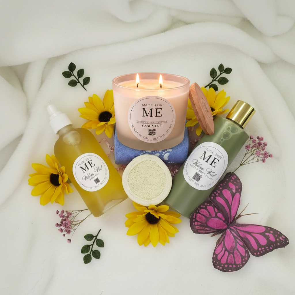 The Spa Night In Choose Your Scent - body oil, matcha body polish, silicone socks, loofah and candle flat lay